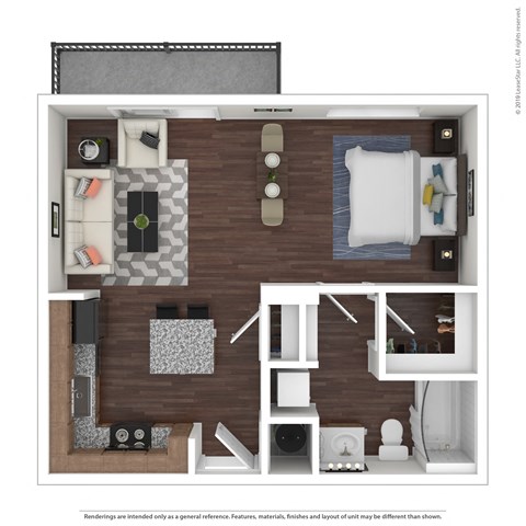 a stylized floor plan of a 1 bedroom apartment