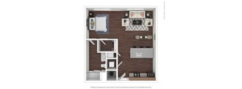 a stylized floor plan of a 1 bedroom apartment