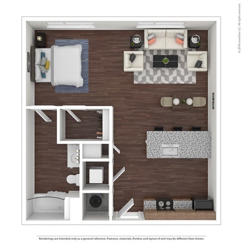 a stylized floor plan of a 1 bedroom apartment