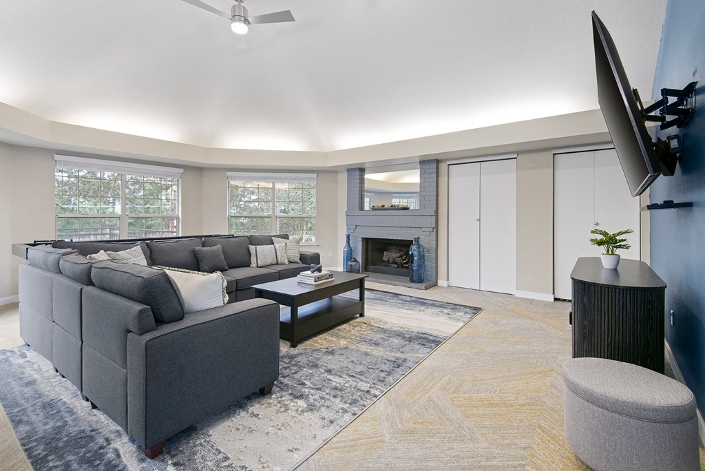 A living room with a grey couch, a coffee table, a television, and a fireplace.