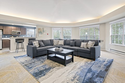 A modern living room with a grey sofa and a coffee table.
