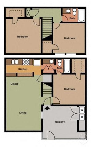 3 Bed - 2 Bath |1222 sq ft Three Bedroom Townhome floorplan