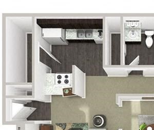 1 Bed 1.5 Bath 920 square feet floor plan Woodrose