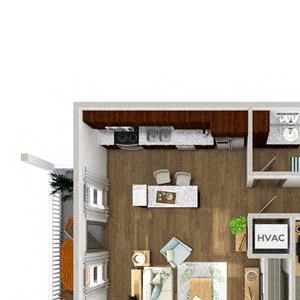1 Bed 1 Bath 702 square feet floor plan A1