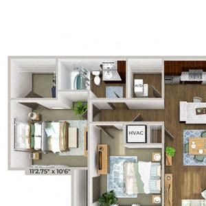 3 Bed 2 Bath 1380 square feet floor plan C1