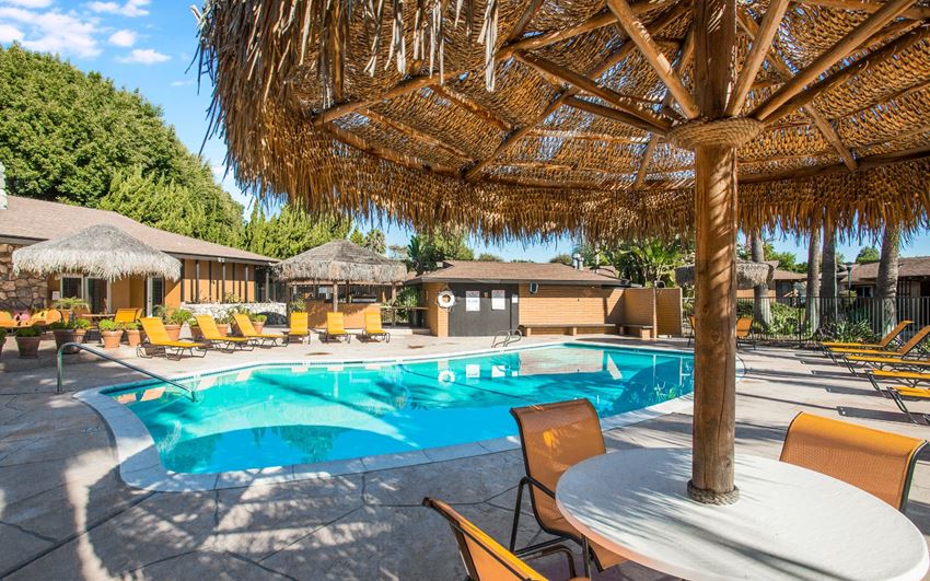 Apartments in Carlsbad CA - The Village Apartments Resort-Style Sparkling Pool with Lounge Chairs, Attached Clubhouse, and Many More Amazing Community Amenities - Photo Gallery 1