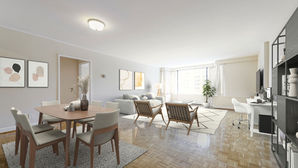 A dining room with a table set for six and chairs around it.