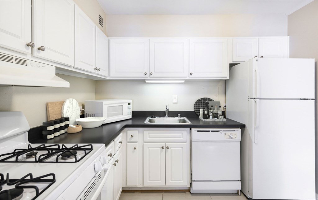 A white kitchen with black countertops and appliances.