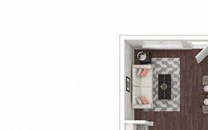 2 Bed 1 Bath 695 square feet floor plan B1 3d furnished