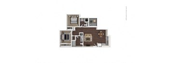 2 Bed 1.5 Bath 764 Square Feet Floor Plan B2 3D Furnished