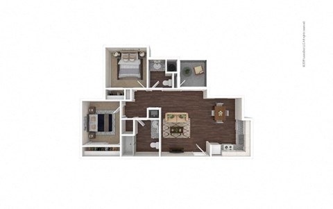 2 Bed 1.5 Bath 764 Square Feet Floor Plan B2 3D Furnished