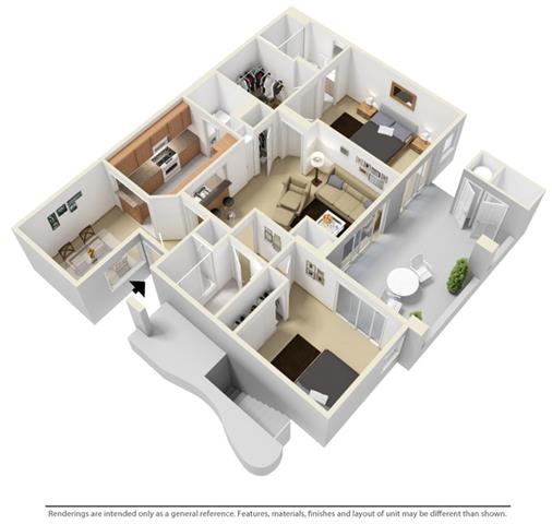 2 Bed - 2 Bath |1080 sq ft Two Bedroom floorplan