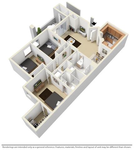 3 Bed - 2 Bath |1262 sq ft Three Bedroom floorplan