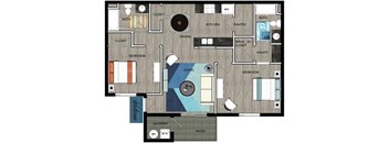 2 Bed 2 Bath 947 square feet floor plan furnished THE AVENUE