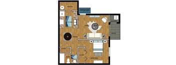 1 Bed 1 Bath 704 square feet floor plan furnished THE CLUB
