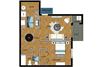 1 Bed 1 Bath 704 square feet floor plan furnished THE CLUB