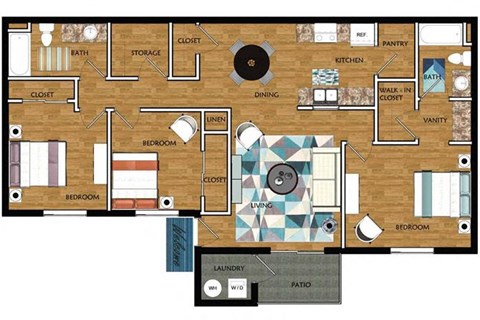 3 Bed 2 Bath 1182 square feet furnished floor plan THE MARKET