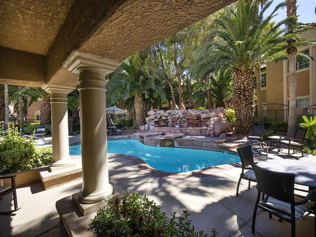 Lush poolside landscaping