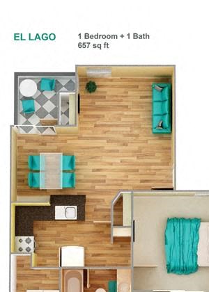 1 Bed, 1 Bath, 657 sq. ft. El Lago floor plan