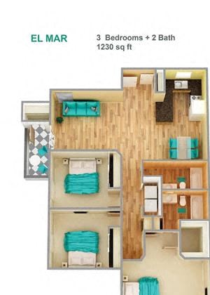 3 Bed, 2 Bath, 1230 sq. ft. El Mar floor plan