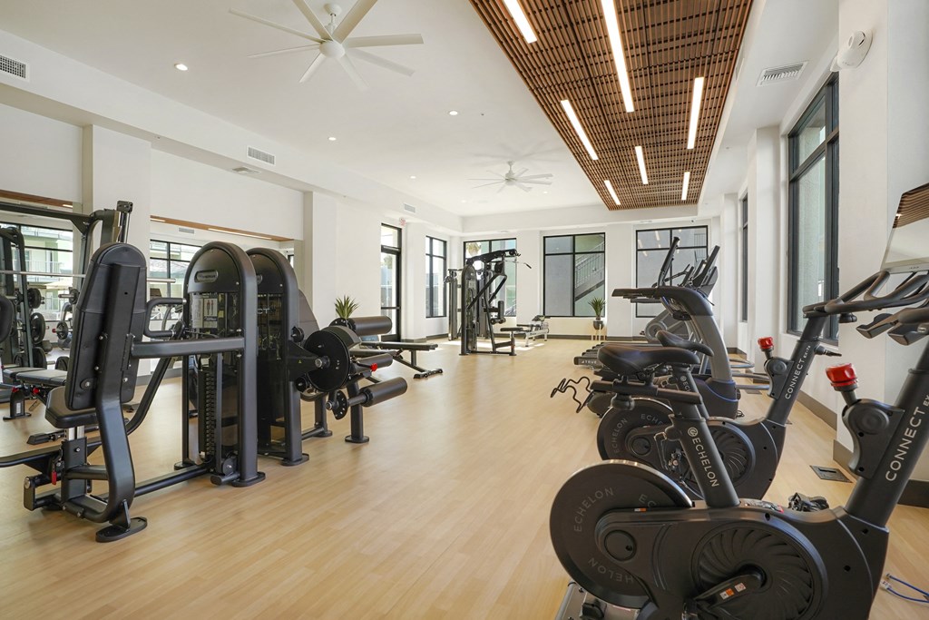 a gym with cardio machines and weights in a building with large windows