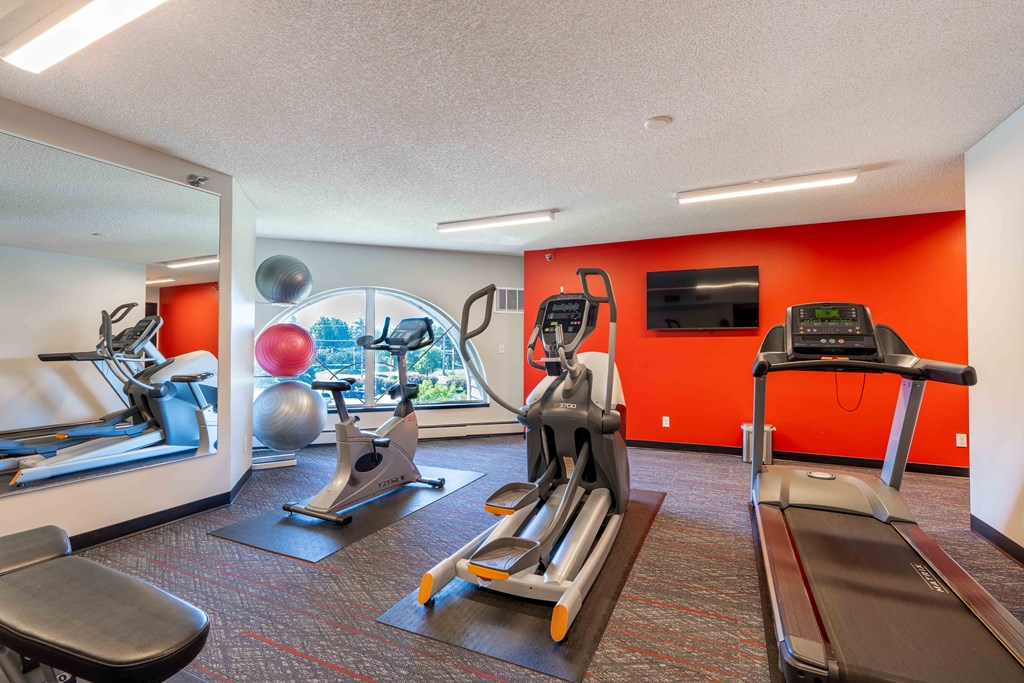 a gym with exercise equipment and a view of the city