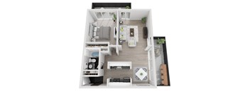 a floor plan of a one bedroom apartment with a living room and kitchen