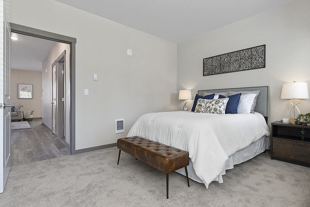 a bedroom with a large bed and a closet,