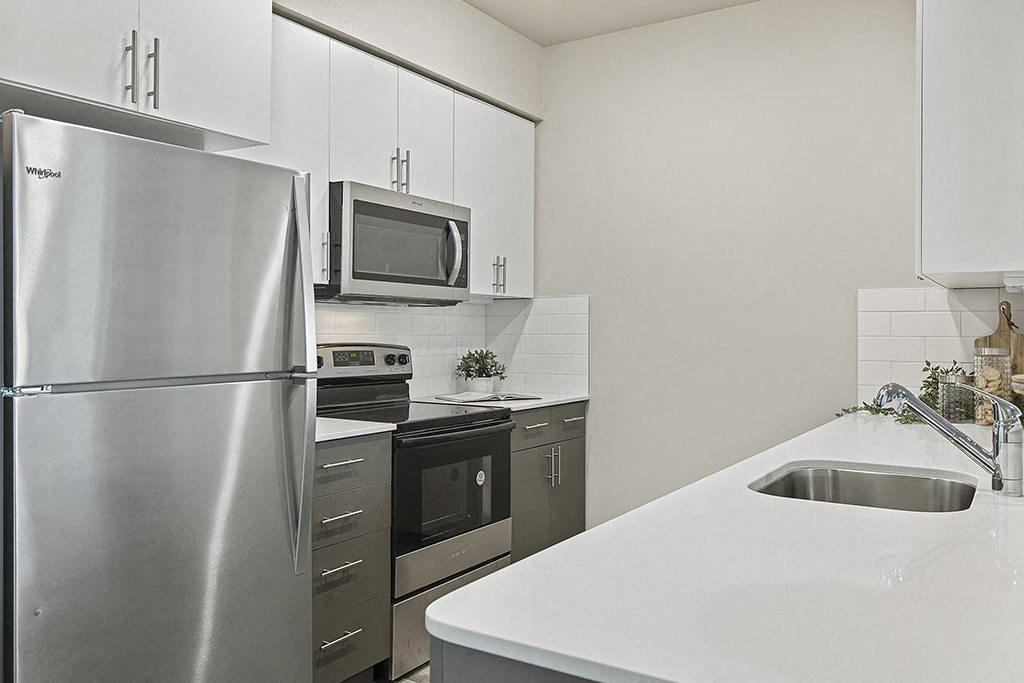 a kitchen with stainless steel appliances and a sink,