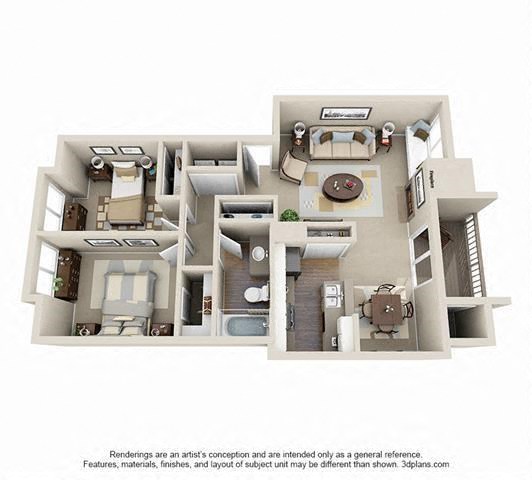 2 Bed - 1 Bath, 936 sq ft, The Laurel