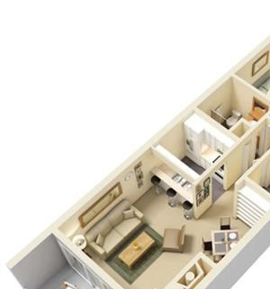1 Bed, 1 Bath, 709 sq ft, Poplar floor plan