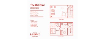 A red and white image of a floor plan for a 2 bedroom townhouse.