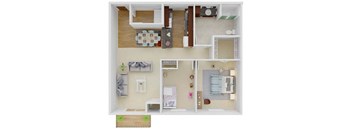 a 3d drawing of a house with a bedroom and a living room