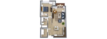 A floor plan of a one bedroom apartment with a kitchen, living room, and bathroom.