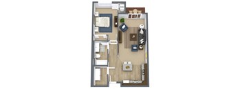 A floor plan of a small apartment with a kitchen, living room, and bedroom.