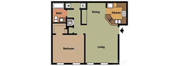 A floor plan of an apartment showing a bedroom, bathroom, living room, dining area, and kitchen.