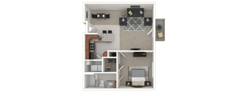 a stylized floor plan with a bedroom and living room