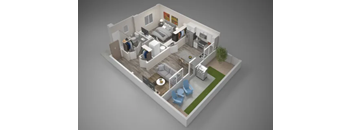 A 3D model of a house with a kitchen, living room, and bathroom.