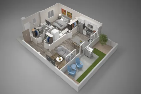 A 3D model of a house with a kitchen, living room, and bathroom.