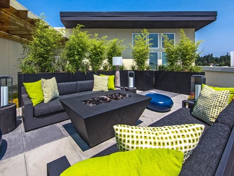 a living room with couches and a fire pit