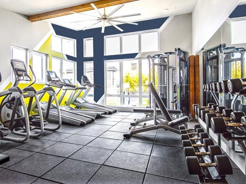 Apartments In Seattle, WA With In-Unit Washer And Dryer - Origin - 24-Hour State-of-the-Art Fitness Center With Cardio Machines, Strength Training Equipment, Free Weights, Workout Bench, Ceiling Fan, Mirror Wall, And Floor-to-Ceiling Windows.