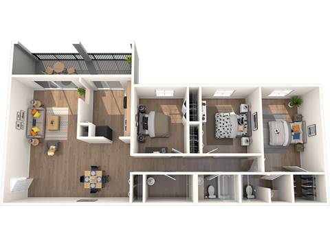Pet-Friendly Apartments in Tampa, FL – Belara Lakes – 3D floorplan of our 3 bed, 2 bath, 1450 sq. ft. Osprey Floorplan