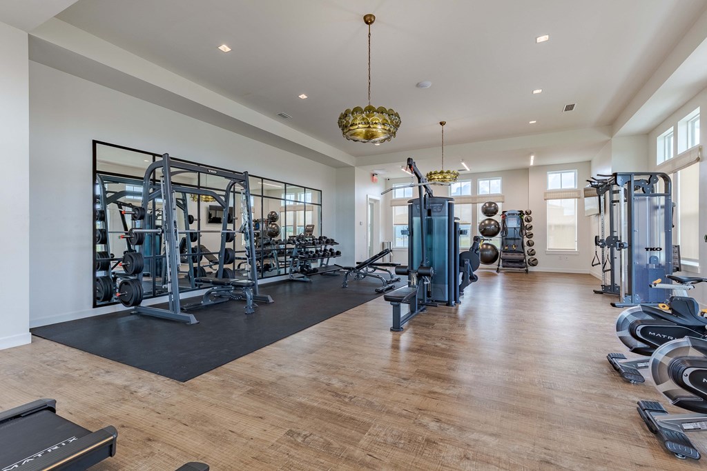 a gym with weights machines and a chandelier