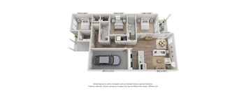 a 3d floor plan of a 3 bedroom apartment