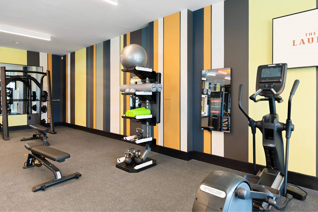 A gym with a variety of equipment including treadmills, weights, and exercise balls.