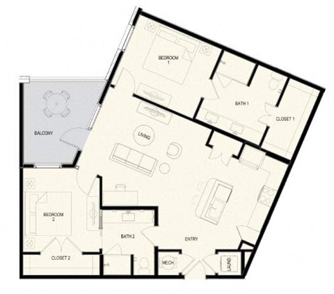 A floor plan of a two bedroom apartment with a balcony.