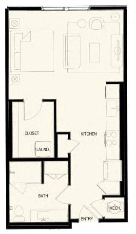A floor plan of a small apartment with a laundry room.
