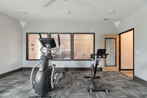 A gym with a treadmill, elliptical trainer and a stationary bike.