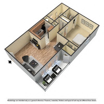 this is a illustration of the first floor of a 1 bedroom apartment