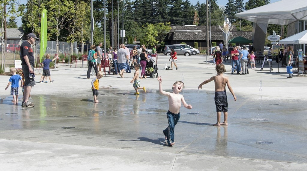 a group of children playing in a water park
